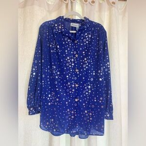 Vintage 90's Blue Joanna Blouse with Gold Star Print Blouse